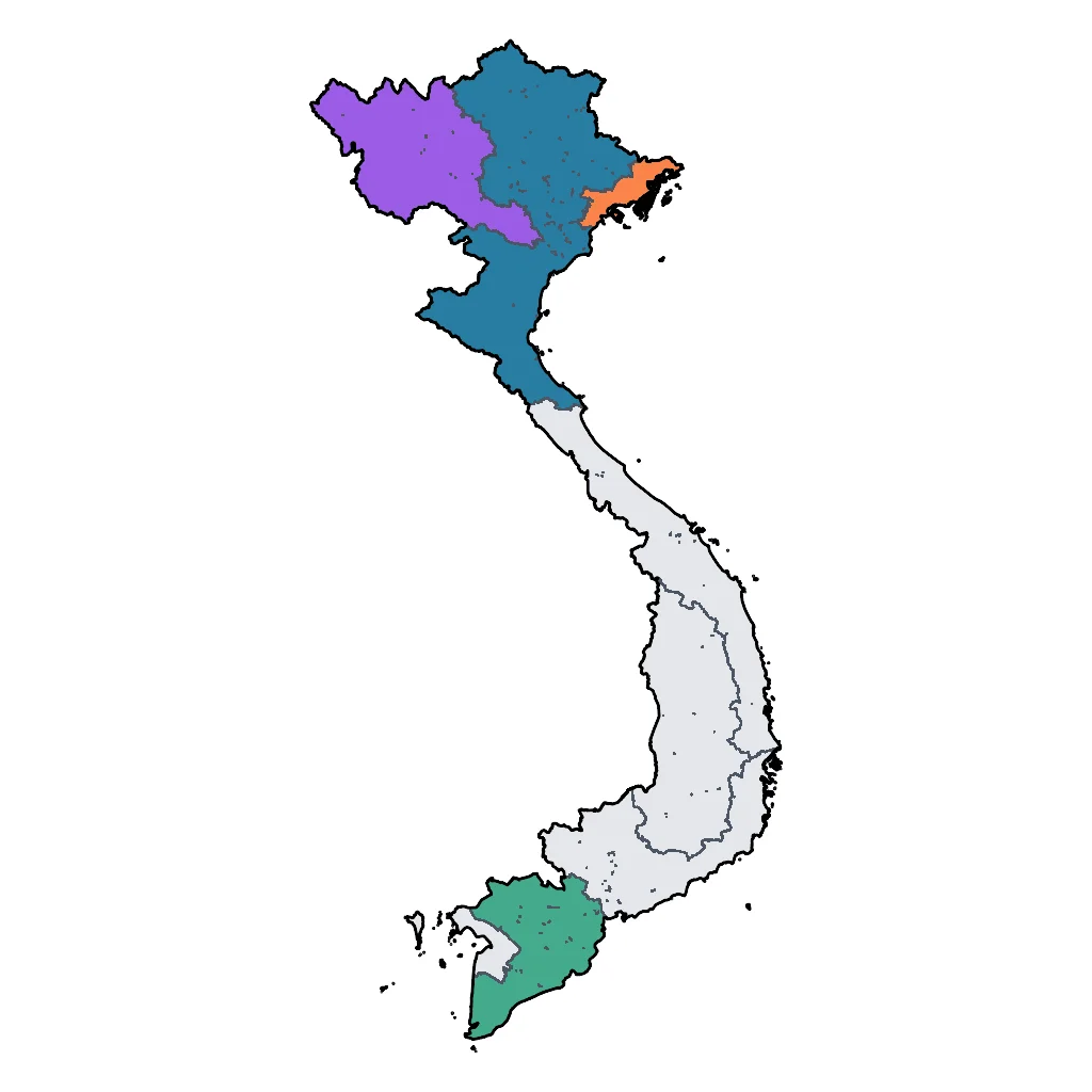 Map showing regions suitable for Adventure & Nature in Vietnam. Overall suitability: excellent.