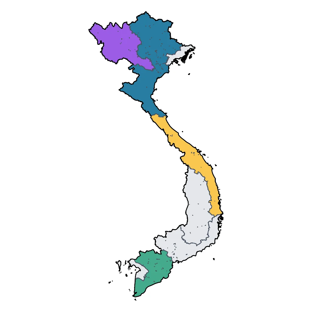 Map showing regions suitable for Festivals & Seasonal in Vietnam. Overall suitability: very_good.