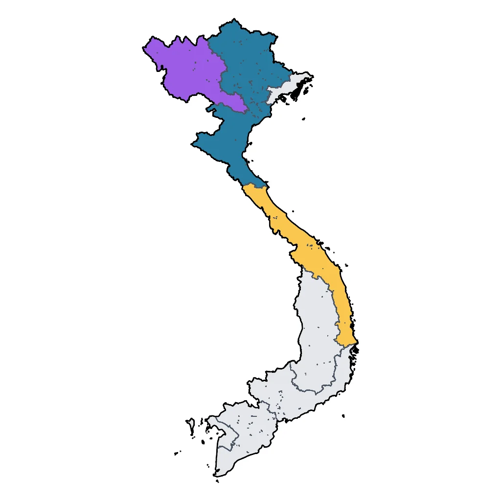 Map showing regions suitable for Road Trips & Scenic in Vietnam. Overall suitability: excellent.