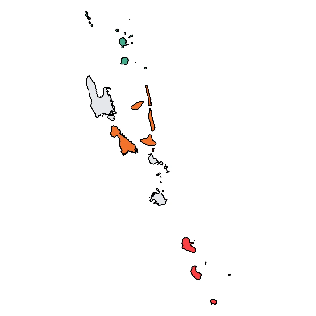Map showing regions suitable for Festivals & Seasonal in Vanuatu. Overall suitability: excellent.