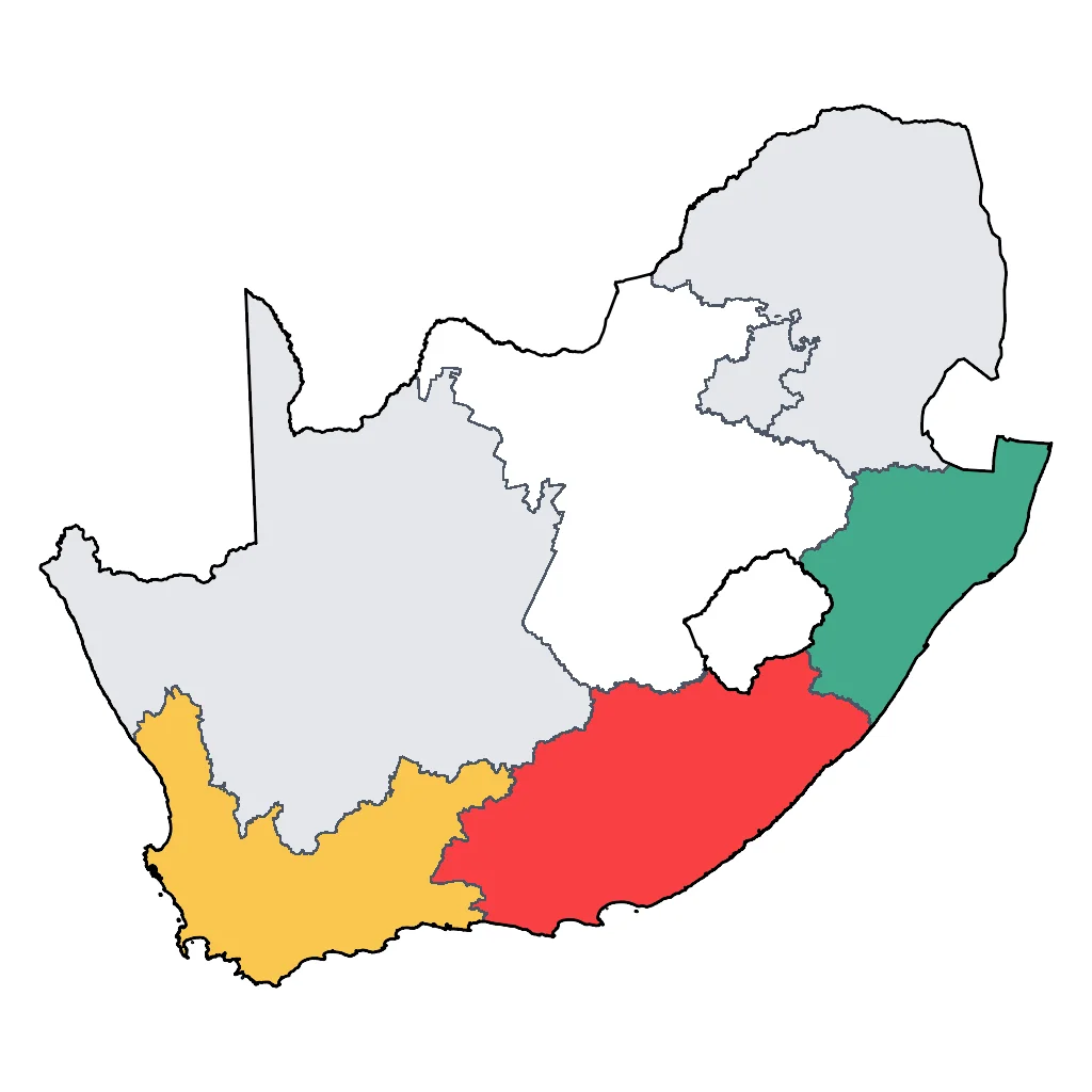 Map showing regions suitable for Beach & Sea in South Africa. Overall suitability: good.